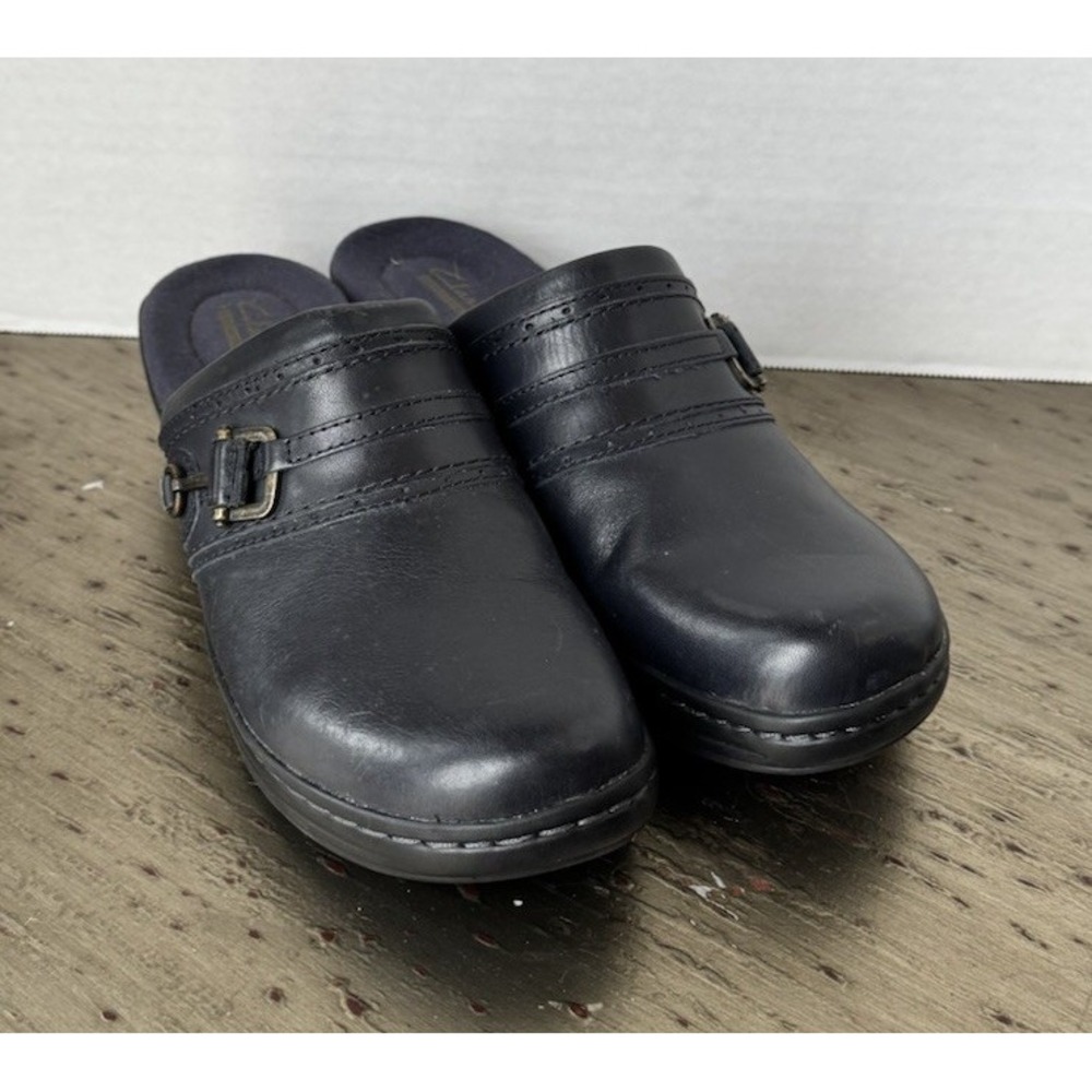Clarks Hayla Merle Leather Mule Slip On Clog Women Size 9N Navy Office Comfort